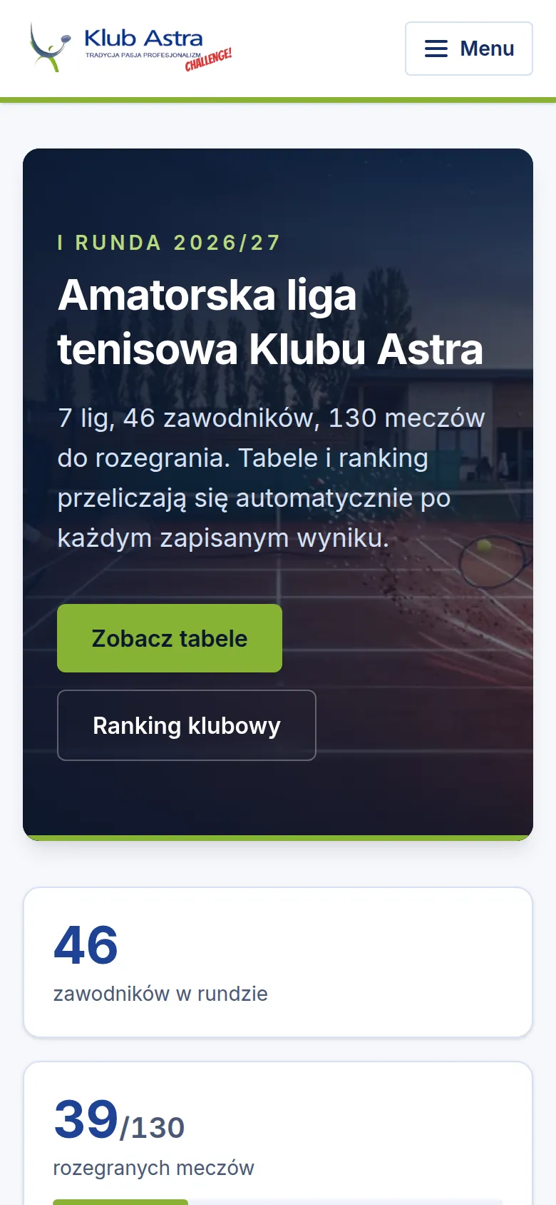 Liga Astra home page on a phone: the club logo, a menu button, the league heading and the two buttons stacked.