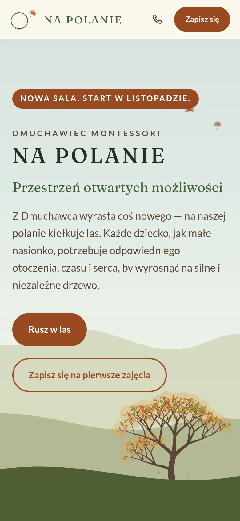Na Polanie landing page on a phone: the seed logo, a sign-up button, the heading and two buttons above the illustrated hills and tree.