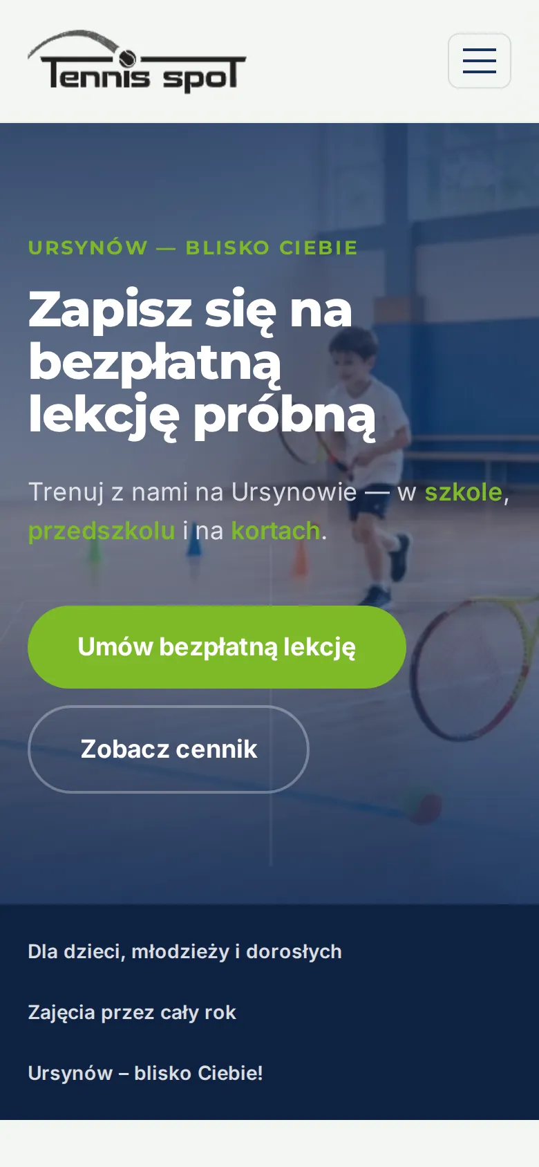 Tennis Spot home page on a phone: the logo, a menu button, the free trial lesson heading and the two buttons stacked.